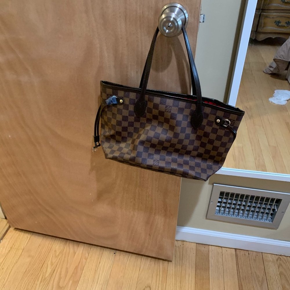 Checkered brown and tan small tote bag